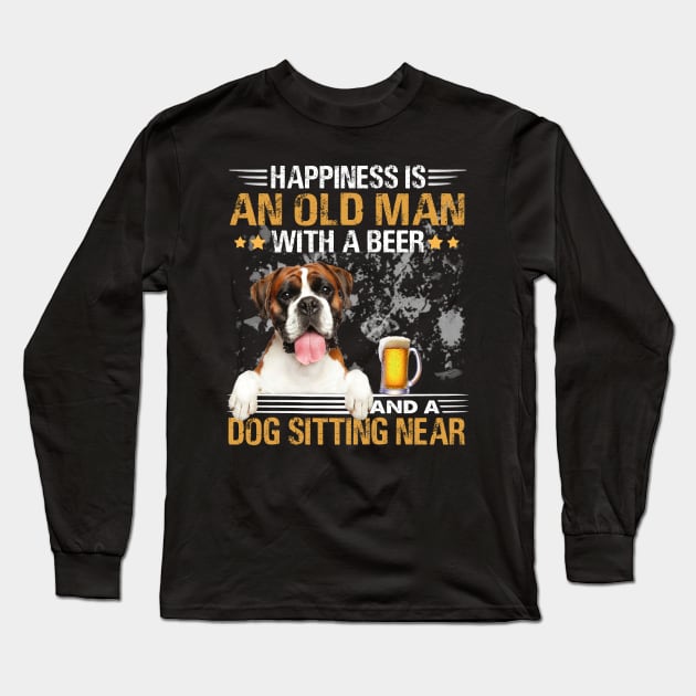 Happiness Is An Old Man With A Beer And A Boxer Dog Sitting Near Long Sleeve T-Shirt by Magazine